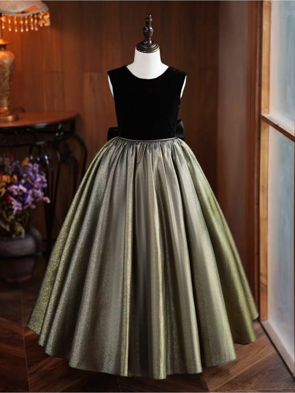 Formal Girls Metallic Golden Olive Full Skirt Velvet Bodice Dress